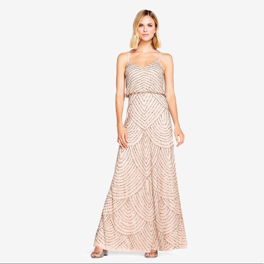 Adrianna Papell ART DECO BEADED GOWN TAUPE PINK